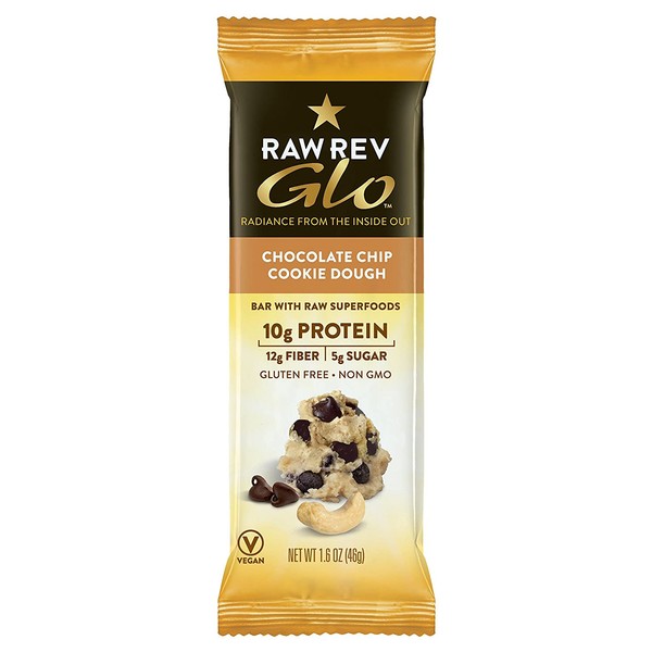 Raw Rev Glo Protein Bars, Chocolate Chip Cookie Dough, 1.6 Ounce each Bar, 12 Count (Pack of 1)