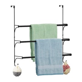 Over the Door Towel Rail - 3 Tier Bathroom Hanging Towel Rack with 2 Hooks - Expandable Towel Ladder for Towelsor Clothing - Black
