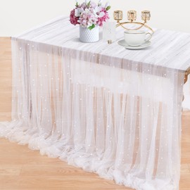 LuoluoHouse Pearl Table Runner Wedding Decorations: 3 Pieces 10ft White Table Cloth Decor Tulle Lace Fabric for Bridal Veil Wedding Arch Party Sweetheart Table Decor 60x120 Inch