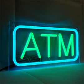 Small Size ATM Neon Sign, 12"×6", Super Bright Business Signboards for Bank Supermarket Convenience Store,Durable, Energy-saving, Easy To Install, Ideal for Shop Wall Window Decor (Green and Iceblue)