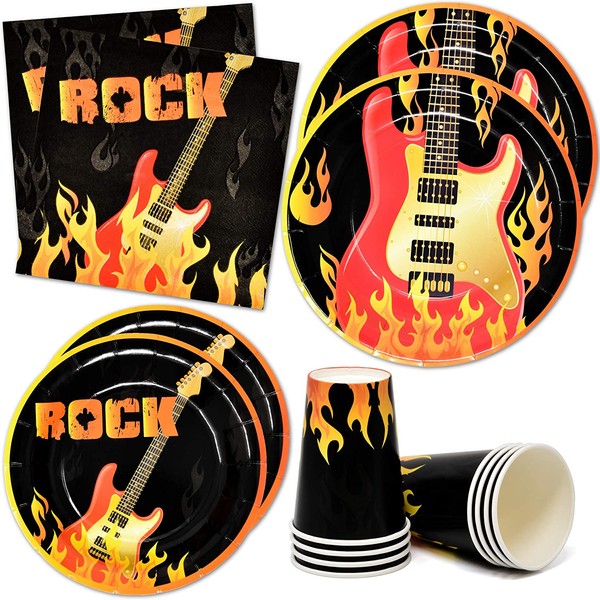 Rock Star Party Supplies Tableware Set 24 9" Paper Plates 24 7" Plates 24 9 Oz Cups and 50 Luncheon Napkins for Rockstar Guitar Musical Notes Karaoke Themed Disposable Birthday Dinnerware Decorations