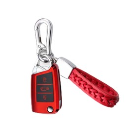 LDBKLGHJ Key case, car key case, tiguan accessories, car key case for Golf 7, 3 button key case, TPU key case with key ring, red, black