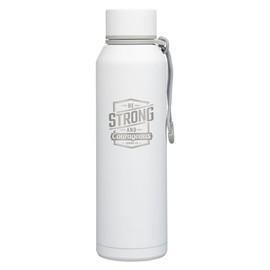 Christian Art Gifts Stainless Steel Double Wall Vacuum Sealed Insulated Water Bottle for Men & Women: Strong & Courageous Laser Engraved Inspirational Scripture, Leak-proof, Carry Loop, White, 24 oz.