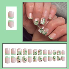 Green Flower Fake Nails Square Press On Nails Short French Tip Spring Nails Press Ons With Green Floral Leaf Designs Acrylic False Nails Full Cover Glue On Nails Stick On Nails For Women