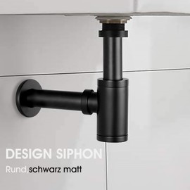Designer Siphon Universal for Washbasins and Washbasins, Matt Black, Drain Fitting, Perfect Fit, Round Odour Trap with Cleaning Opening, Designer Siphon Tube Siphon