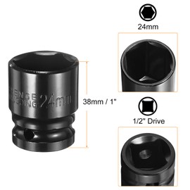 HARFINGTON Deep 6-Point Impact Socket 1/2" Drive 24mm Metric Socket 1.5" Length with 1/4" Hex Shank Adapter, CR-V Steel Socket Adapter Accessory Tool Set Kit for Hex Bolts Nuts