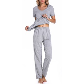 Chamllymers Cotton Pajamas for Women Two Piece Pajama Set Short Sleeve V-neck Tops with Long Pants Grey XL