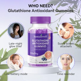 SustainWell Glutathione Antioxidant Gummies: L-Glutamine with Marine Collagen Vitamins C E D B12 1000mg Glutathione Gummies for Anti Aging Bone Strength Vegan Non-GMO 60 Count