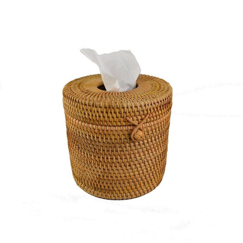 Handmade Cylinder Facial Tissue Box Holder, Woven Napkin Dispenser with