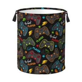 Jbofyee - Cesta de lavandería para juegos con forro impermeable, driver de videojuegos, cesta redonda para lavandería, organizador de almacenamiento de ropa plegable para baño, recámara, cuarto de