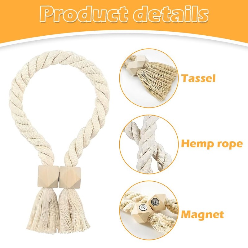 2-Pack Magnetic Curtain Tie Backs, 22.8" Braided Rope Holdbacks with