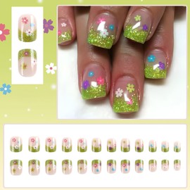 Viugex 24Pcs Press on Nails Short Square, Emerald Green Flowers French Tip False Nails, Soft Gel Fake Nail Kit in 12 Sizes, Glitter Acrylic Full Cover Stick on Nails Women Girls Nail Art Accessories