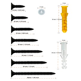 AireKouzia Wood Screws Assortment Kit - 188pcs Black Screw and Anchors Set for Wood, Drywall and More, Coarse Thread Flat Head Assorted-Screws with Plastic Screw-Hole Caps