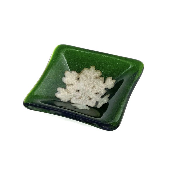 Small Dark Green Fused Glass Trinket Dish with Gold Embossed