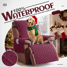 KinCam 100% Waterproof Recliner Chair Cover, Reclining Couch Covers for Pets, Dogs, Recliner Couch Slipcover Furniture Protector with Elastic Straps for Kids(23.6", Burgundy)