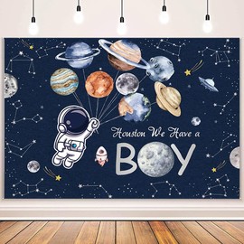 MEHOFOND We Have A Boy Backdrop Outer Space Themed Baby Shower Backdrop for Kids Outer Space Astronaut Rocket Stars Planet Galaxy Background Space Galaxy Baby Shower Party Decorations Banner 7x5ft