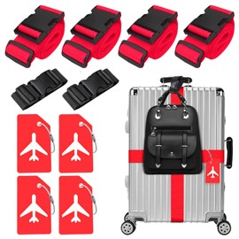 Pack of 4 Luggage Straps & 4 Luggage Tags & 2 Pieces Add a Bag Luggage Straps, Luggage Strap Strap, Adjustable Luggage Straps, Eye-catching Luggage Strap for Suitcases (Red)