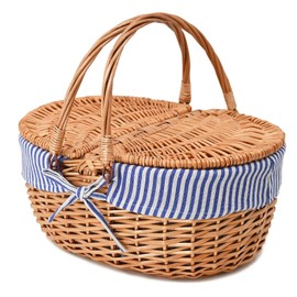 Wicker Picnic Basket with Lid and Handle Sturdy Woven Body with Washable Lining,Blue Stripe