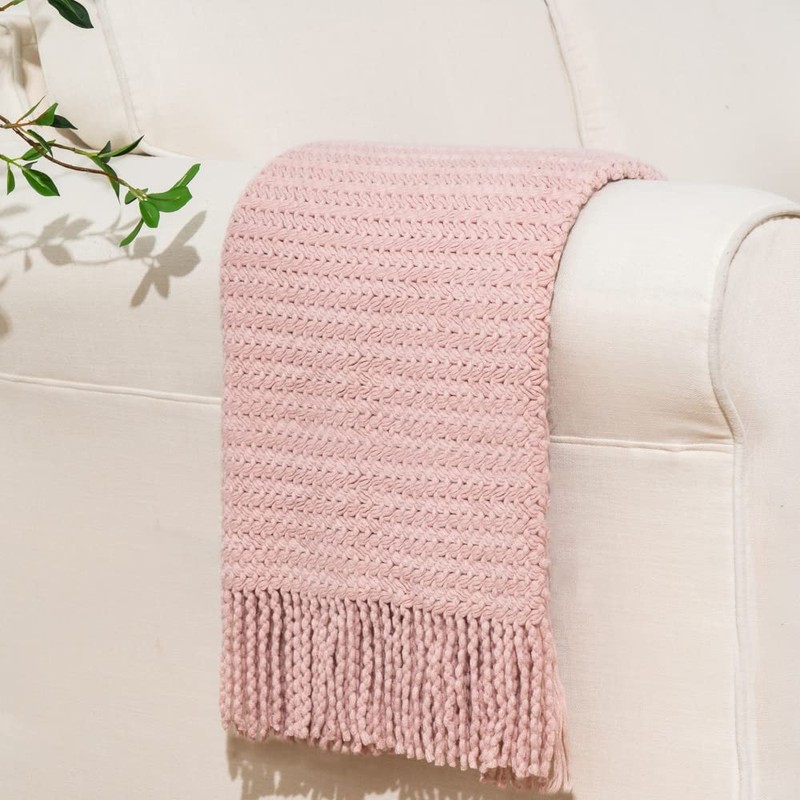 BATTILO HOME Pink Knitted Throw Blanket Textured Solid Sofa Couch