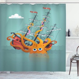 Ambesonne Kraken Cortina de Baño, Monstruo de Dibujos Animados de la Nave, Paño Conjunto de Decoración de Baño de Tela y Ganchos, 75" Alto, Naranja Teal