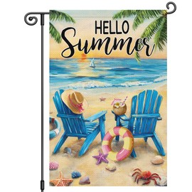 Louise Maelys Hello Summer Garden Flag Beach Chair Sunset Sea 12x18 Inch Double Sided Welcome Small Burlap Seasonal Holiday Yard Outdoor Sign Outside Home House Decoration