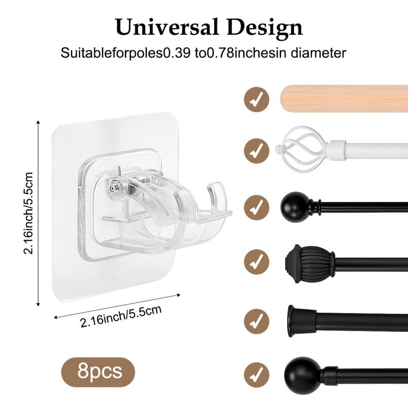 8PCS No Drill Curtain Rod Brackets, Self Adhesive No Drilling