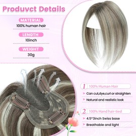 YAMI Hair Toppers for Women Fluffy Human Hair Topper 10inch Handmade Swiss Base Hairpieces 360° Cover Hairloss (Ombre Light Brown with Blond Highlight)