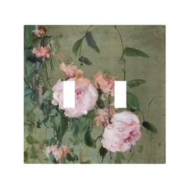 Pink flower Green Leaf texture Ink painting Double Toggle Wall Plate Decorative 2-Gang Light Switch Cover Electrical Receptacle Outlet Face Plate Cover