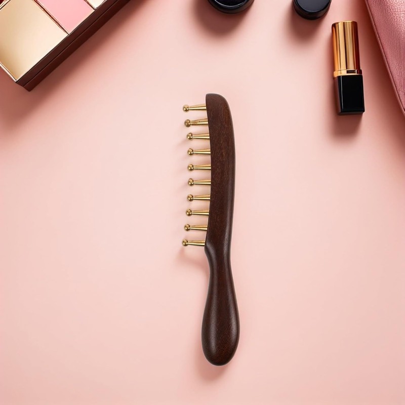 Handmade Sandalwood Scalp Massager Wide Tooth Comb with Copper Bristles