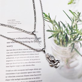 JPJZY BRBAM Men's Double Layered Cross Necklace Hip-hop Style Cross and Cool Pendant Necklace (The Praying Hands)