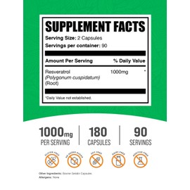 BulkSupplements.com Resveratrol Capsules - Resveratrol Supplement, Antioxidants Supplement, Resveratrol 1000mg - Gluten Free, 2 Capsules per Serving, 180 Count (Pack of 1)
