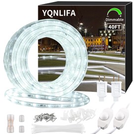 YQNLIFA 40ft LED Rope Lights, Dimmable 432 LEDs IP65 Waterproof Outdoor Indoor Linkable Cuttable Rope Light, 110V 6000K Daylight White Christmas Rope Light for Patio Garden Corridor Party Decor