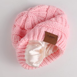 Kids Satin Lined Winter Hat Toddler Cable Knitted Beanie Silk Lined Thick Chunky Cap Soft Slouchy Warm Hat for Children… Pink