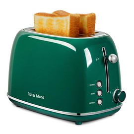 Roter Mond 2 Slice Toaster Retro Stainless Steel with Bagel, Cancel, and Defrost Functions, 6 Bread Shade Settings, Extra Wide Slots and Removable Crumb Tray, Green