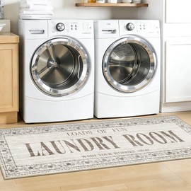20"x60" Non-Slip Laundry Room Rug: Stain and Water Resistant Washable Laundry Mat - Durable Light-Weight Runner Farmhouse Home Decor - Soft Low-Pile Carpet for Laundry Bathroom Washroom 20"x60" Beige