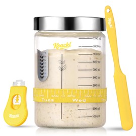 Koackl Sourdough Starter Jar, 40oz Sourdough Starter Kit with Magnetic Bread Lame, Thermometer, Long Scraper, Cloth Cover & Lid for Sourdough Bread Baking Supplies, Yellow