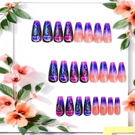 Jellyfish Press on Nails Long Ballet Shaped Full Cover Glossy Acrylic Fake Nail Cute Jellyfish Pattern Design Gradient Artificial Fingernails French Stick on Nail Reusable Glue on Nails for Women