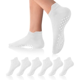 DIBAOLONG Pilates Socks with Grips for Women Yoga Socks Non Slip Barre Hospital Socks 6-Pairs Grippy Ankle Socks, 6 Pair With Grips (6 White)-heeltab, 8-10