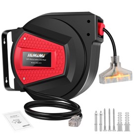Himimi Retractable Extension Cord Reel, 50FT 14AWG/3C Power Cord Reel for Garage Workshop, Wall/Ceiling Mounted Extension Cord Reel, 3-Lighted Triple Outlets, UL Listed, 13A Circuit Breaker