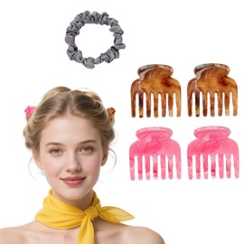 Flomiara 5 PCS Hair Claw Clips, 7 Teeth Small Claw Clips Hair Clips for Women, Rectangle Clips for Fine Hair Square for Thin Hair Accessories for Women (Khaki Deep Pink Blue Gray Hair Ties)