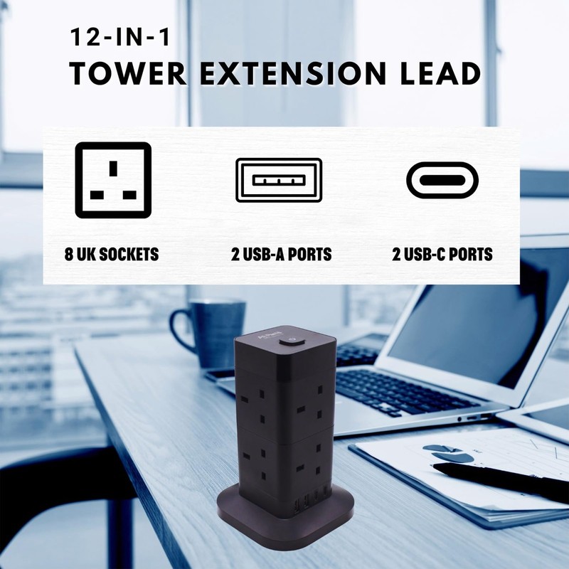 AJP Tower Extension Lead with USB Slots 8 Way Plug