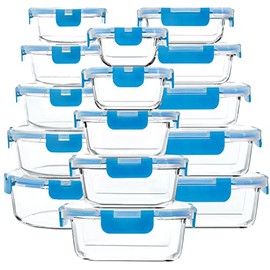 30 Pieces Glass Food Storage Containers with Upgraded Snap Locking Lids,Glass Meal Prep Containers Set - Airtight Lunch Containers, Microwave, Oven, Freezer and Dishwasher Friendly, Blue