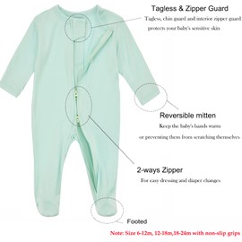 Aablexema Baby Zipper Pajamas Bamboo Rayon, 3pcs Unisex Infant Onesie with Mitten Long Sleeve Footed Pjs(Navy & Mint & Coffee,12-18m)