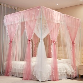 AIOOO 4 Corners Post Princess Curtains Bed Canopy for Girls 8 Panels Curtain- Double Layer Sheer Mesh Canopies Drapes Girls Room Decor (8P-Pink/White, 4P(43"x82") W+4P(43"x82") L/(King))
