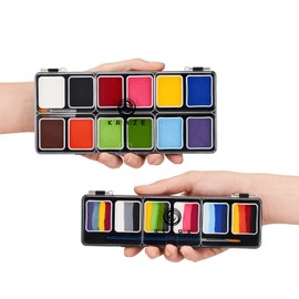 Kraze FX Face Paint Palette Set Of 2 - Fundamentals & Splash, Value Pack of 12 Basic Solid Colors & 6 Fun Split Cakes Palette with Brushes, Professional Face Painting Starter Kit