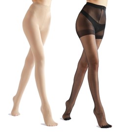 HA WA 2 Pairs Women's Sheer Tights, 20D Control Top Black Nude Pantyhose Ultra Thin Nylon Tights for Women