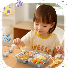 Bakpoco - Placa dividida de acero inoxidable para niños pequeños, placa de control de porciones no tóxica, placa de cena con tapa para adultos pérdida de peso, paquete de 2 4 secciones rectangulares