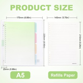 Toplive A5 Round Ring Binder Waterproof PP A5 20 Ring Binder Cover Refillable Clear A5 Loose Leaf Folder with 4 Colored Binding Dividers, Lined Paper Reloaded (120 Pages - Green)