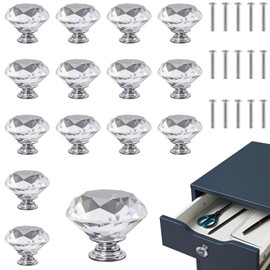 FUNSUEI 15PCS Crystal Glass Wardrobe Door Handles, 40mm Crystal Drawer Knobs for Cupboard, Cabinet, Wardrobe, Home Decorating with Screws, Transparent