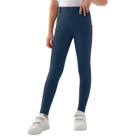 MoFiz Horse Riding Pants for Girls with Zipper Pockets High Waist Summer Kids Stretchy Equestrian Breeches Pull On Dark Blue X-Large